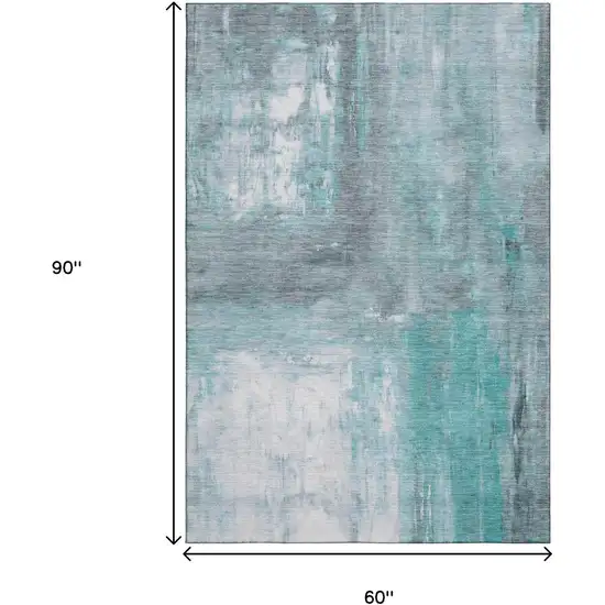 Teal Gray And Silver Abstract Washable Area Rug With UV Protection Photo 8
