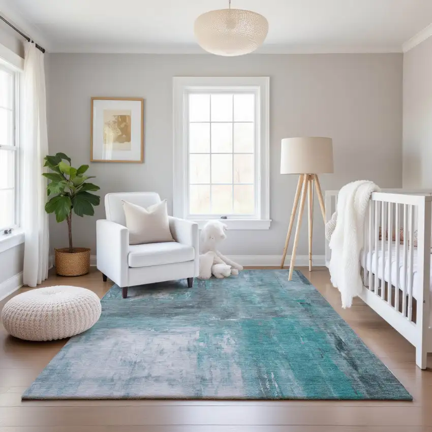 Teal Gray And Silver Abstract Washable Area Rug With UV Protection Photo 5