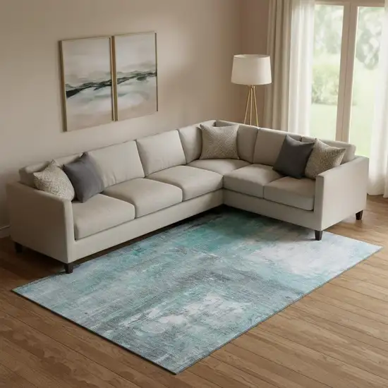 Teal Gray And Silver Abstract Washable Area Rug With UV Protection Photo 2