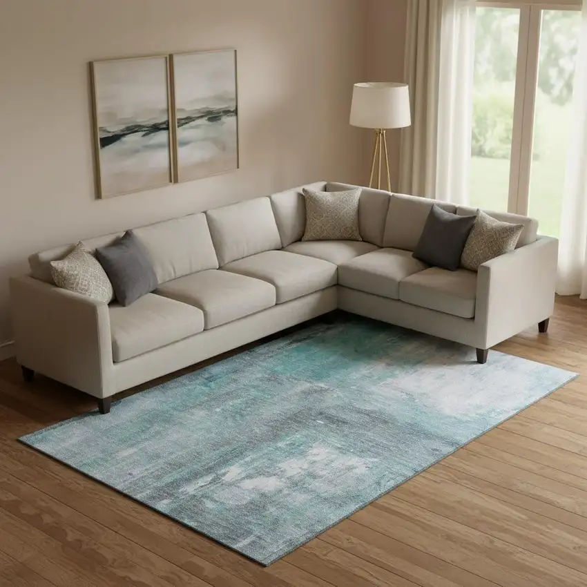 Teal Gray And Silver Abstract Washable Area Rug With UV Protection Photo 2