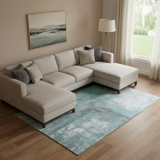 Teal Gray And Silver Abstract Washable Area Rug With UV Protection Photo 2