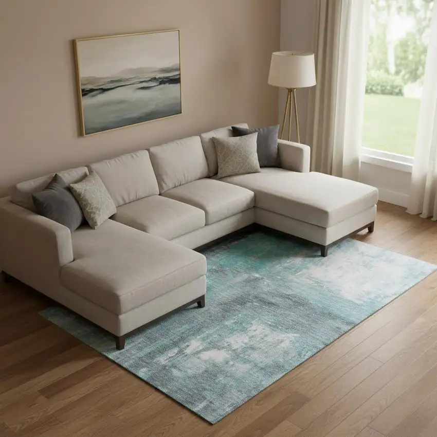 Teal Gray And Silver Abstract Washable Area Rug With UV Protection Photo 2