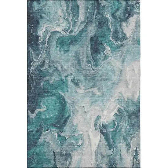 Teal Gray And Silver Abstract Washable Area Rug With UV Protection Photo 3