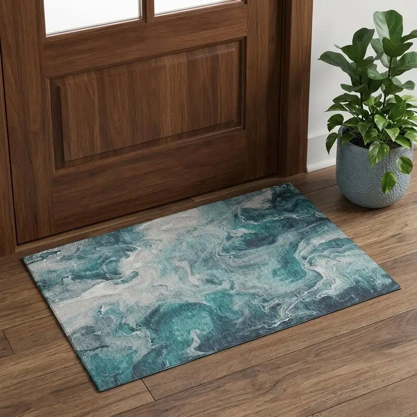 Teal Gray And Silver Abstract Washable Area Rug With UV Protection Photo 1