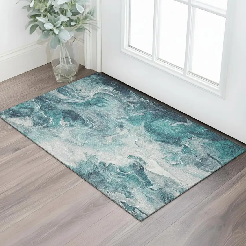 Teal Gray And Silver Abstract Washable Area Rug With UV Protection Photo 2
