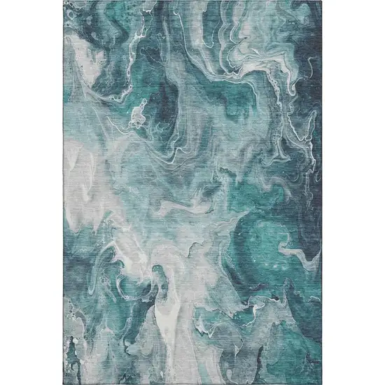 Teal Gray And Silver Abstract Washable Area Rug With UV Protection Photo 1