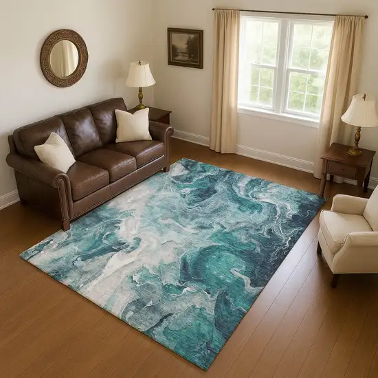 Teal Gray And Silver Abstract Washable Area Rug With UV Protection Photo 4