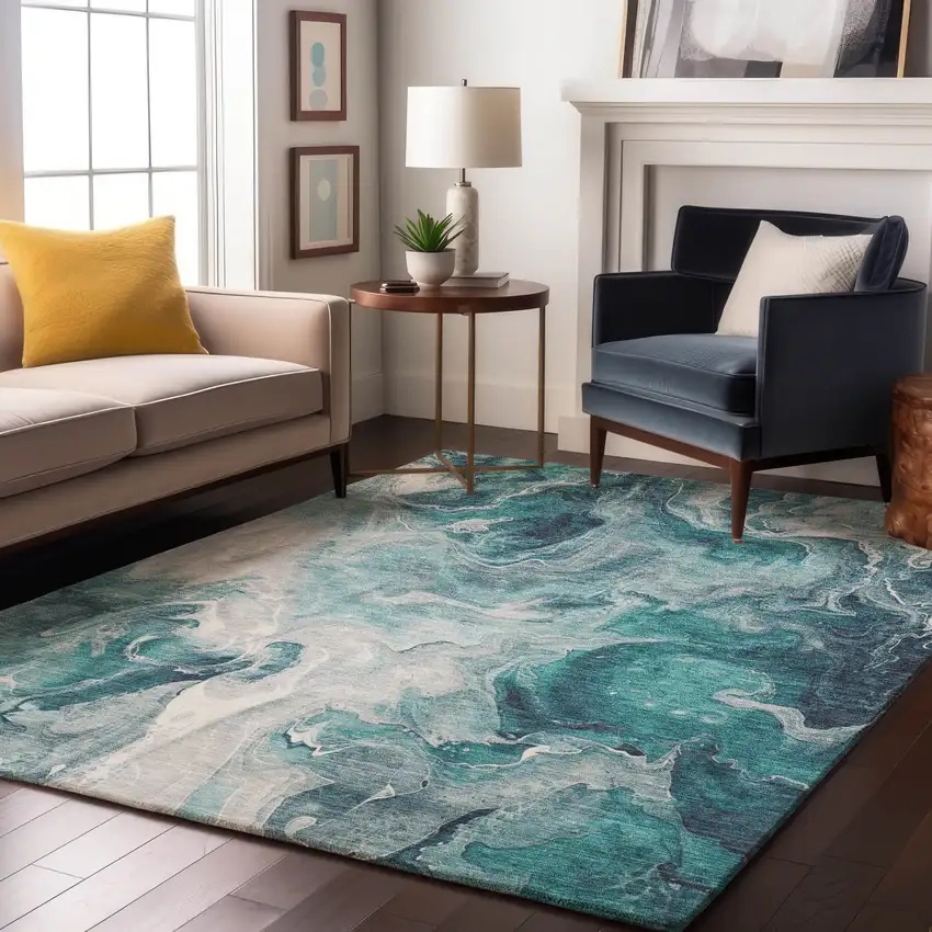 Teal Gray And Silver Abstract Washable Area Rug With UV Protection Photo 5