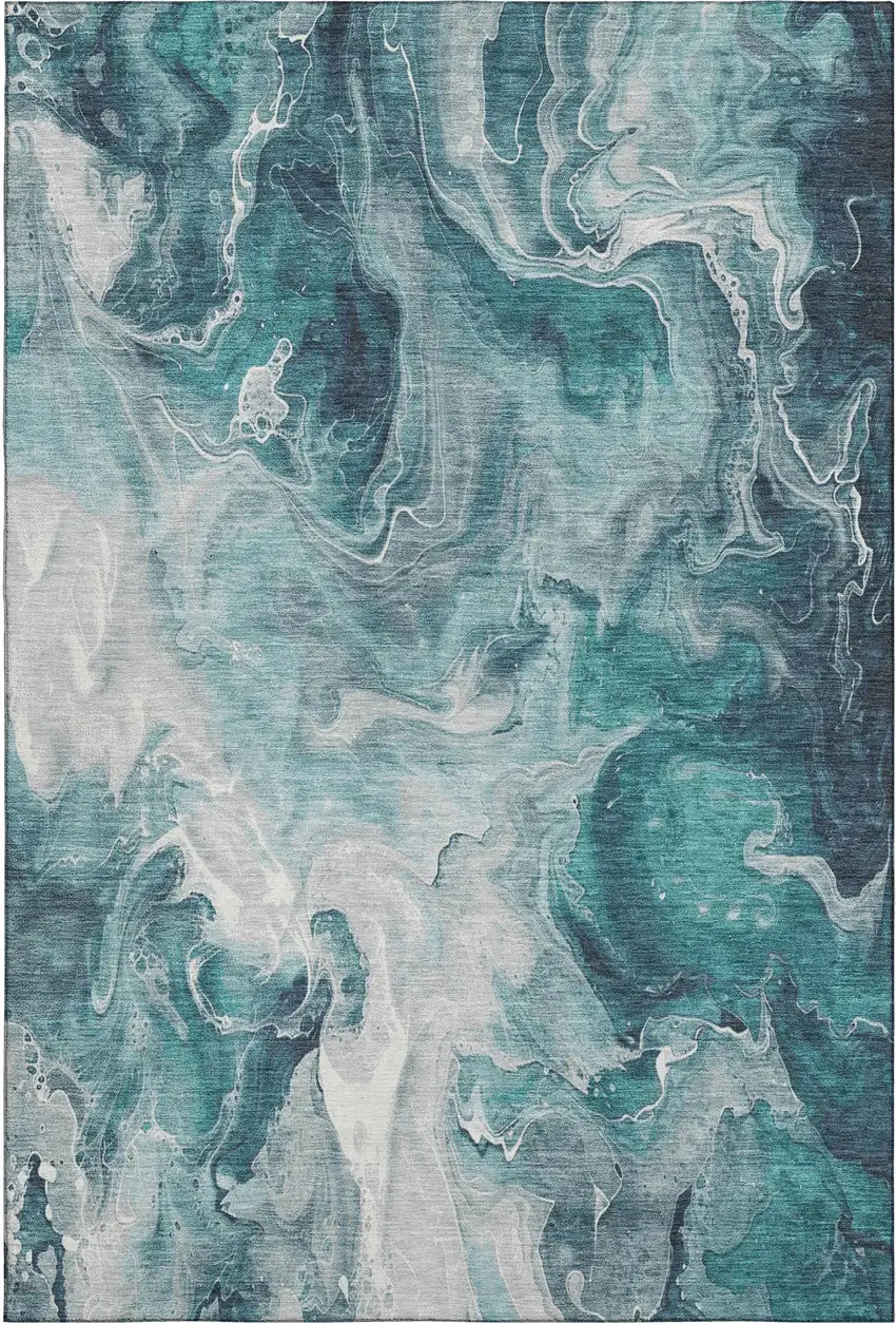 Teal Gray And Silver Abstract Washable Area Rug With UV Protection Photo 1