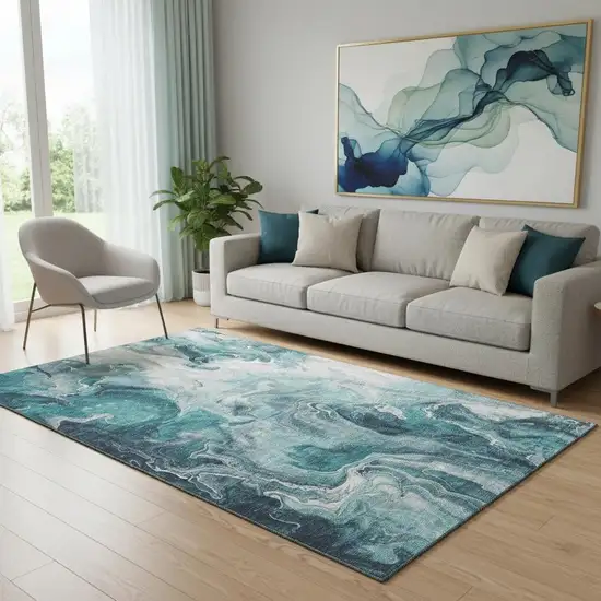 Teal Gray And Silver Abstract Washable Area Rug With UV Protection Photo 2