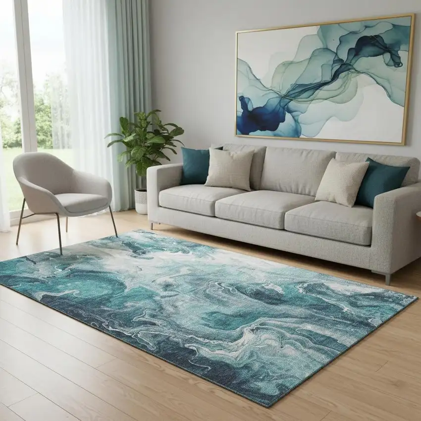 Teal Gray And Silver Abstract Washable Area Rug With UV Protection Photo 2
