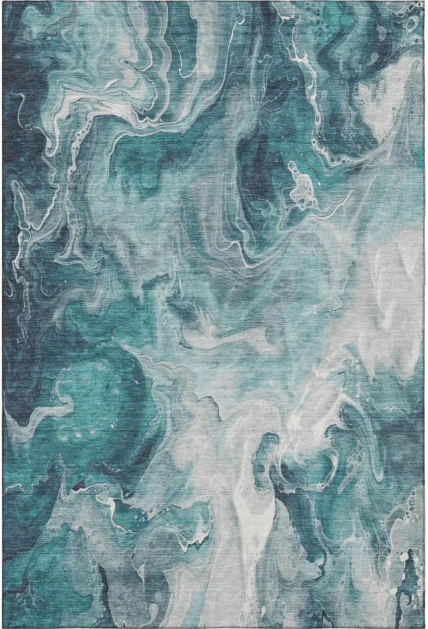 Teal Gray And Silver Abstract Washable Area Rug With UV Protection Photo 3