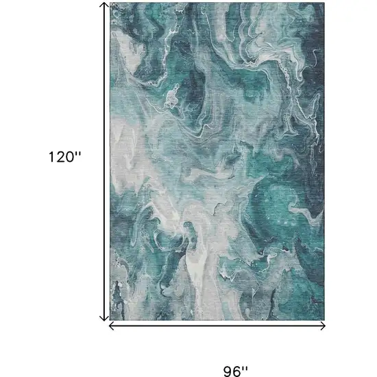 Teal Gray And Silver Abstract Washable Area Rug With UV Protection Photo 9