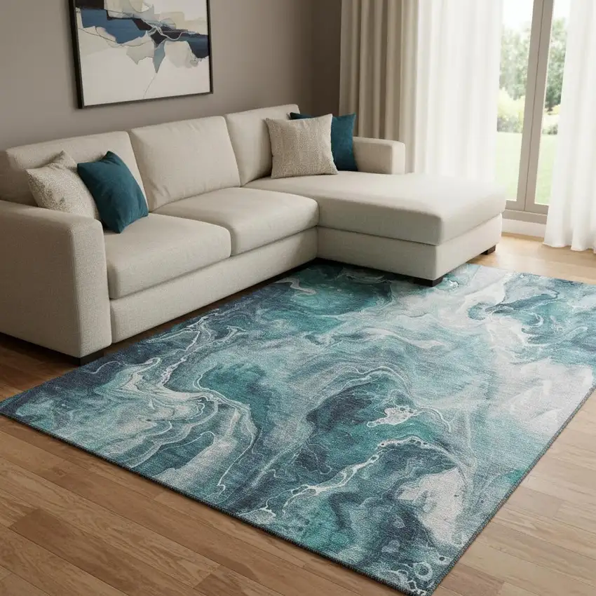 Teal Gray And Silver Abstract Washable Area Rug With UV Protection Photo 2