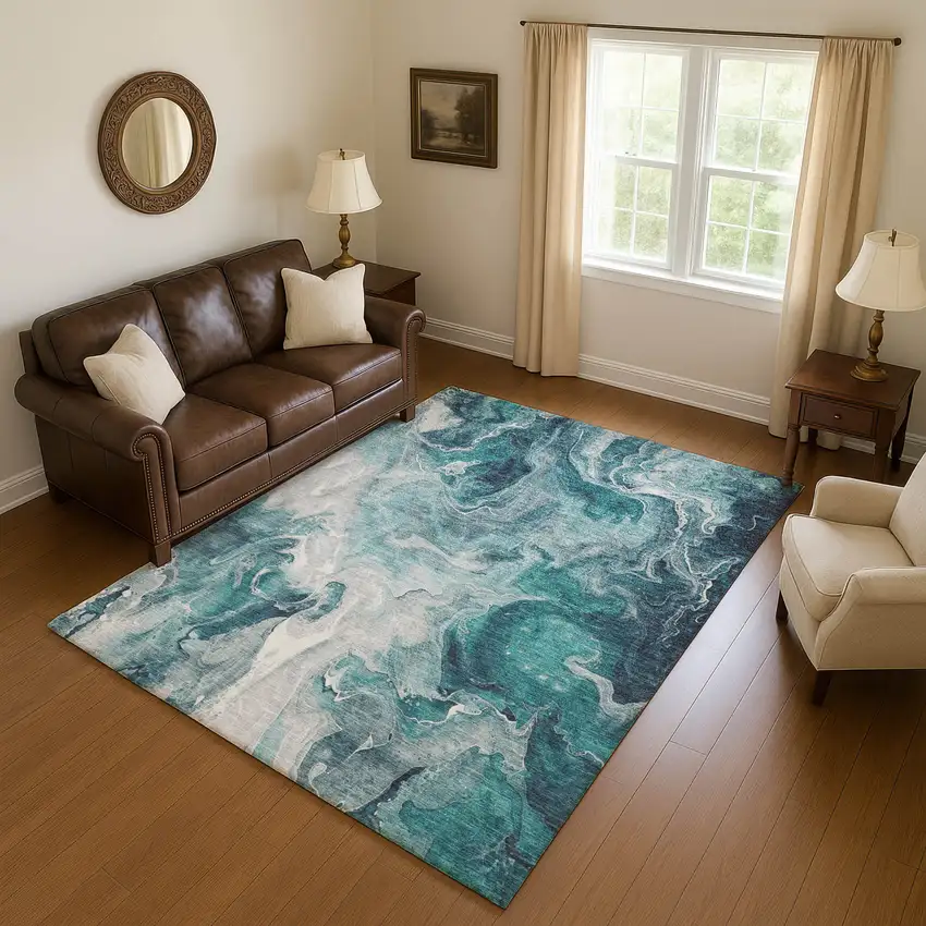 Teal Gray And Silver Abstract Washable Area Rug With UV Protection Photo 4