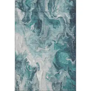 Photo of Teal Gray And Silver Abstract Washable Area Rug With UV Protection