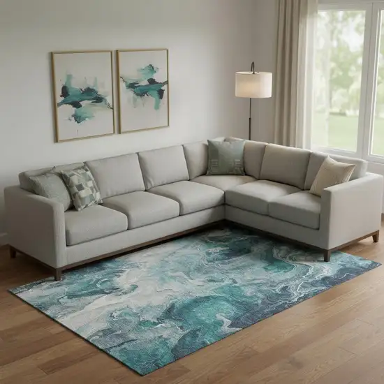 Teal Gray And Silver Abstract Washable Area Rug With UV Protection Photo 2