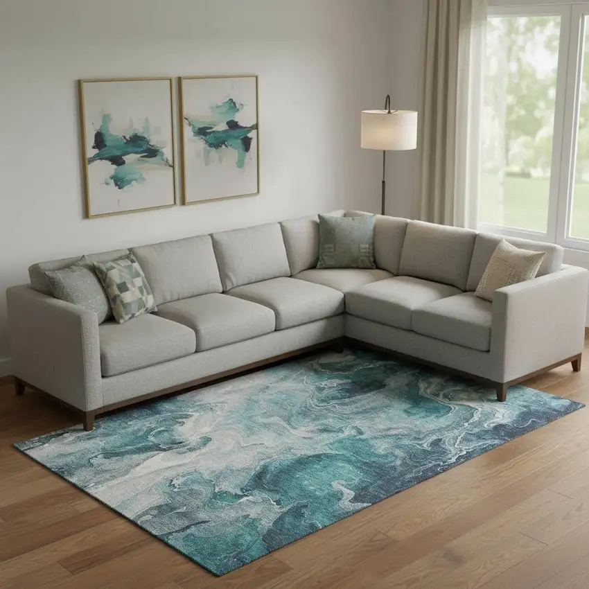 Teal Gray And Silver Abstract Washable Area Rug With UV Protection Photo 2