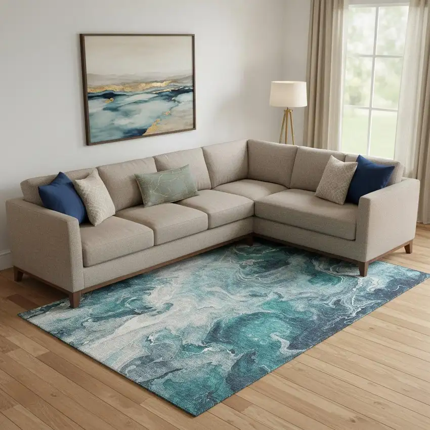 Teal Gray And Silver Abstract Washable Area Rug With UV Protection Photo 2