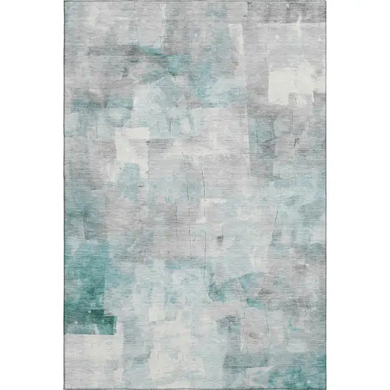 Teal Gray And Silver Abstract Washable Area Rug With UV Protection Photo 1