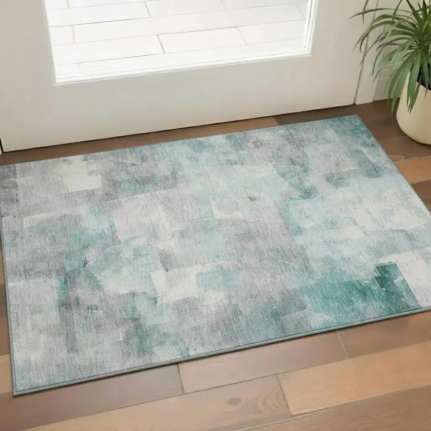 Teal Gray And Silver Abstract Washable Area Rug With UV Protection Photo 2