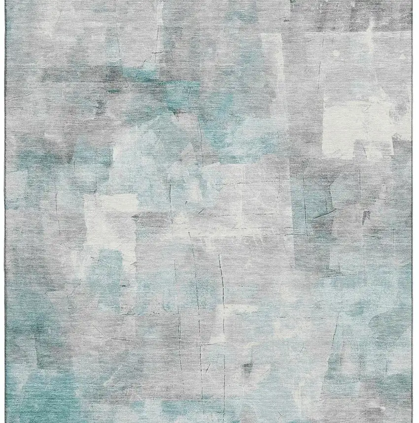 Teal Gray And Silver Abstract Washable Area Rug With UV Protection Photo 2