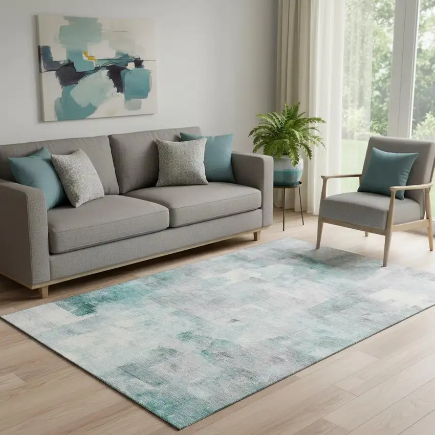 Teal Gray And Silver Abstract Washable Area Rug With UV Protection Photo 2