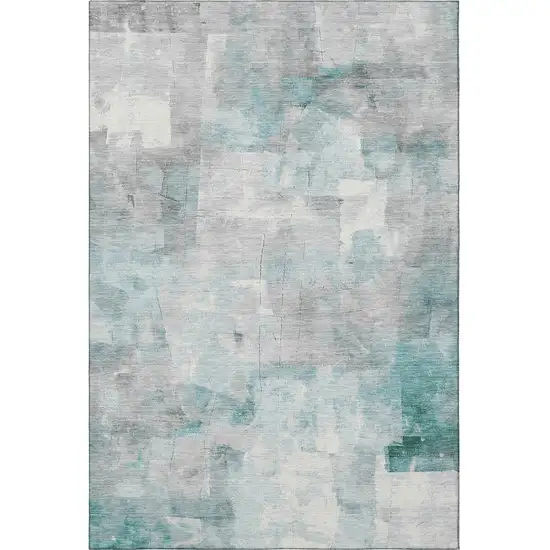 Teal Gray And Silver Abstract Washable Area Rug With UV Protection Photo 3