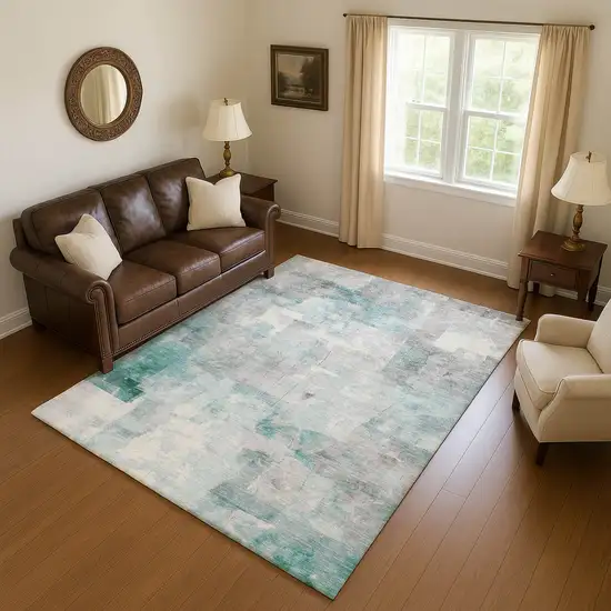 Teal Gray And Silver Abstract Washable Area Rug With UV Protection Photo 4