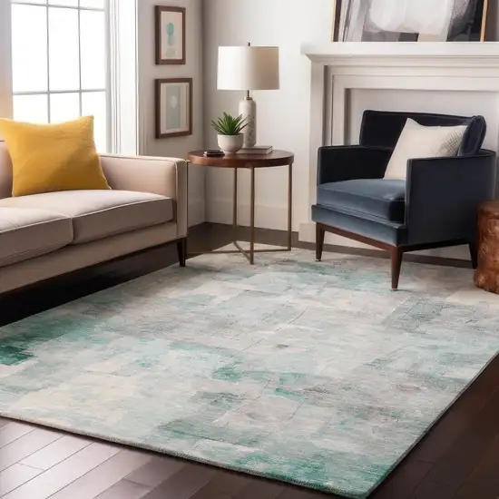 Teal Gray And Silver Abstract Washable Area Rug With UV Protection Photo 5