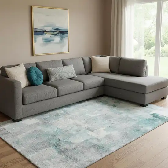 Teal Gray And Silver Abstract Washable Area Rug With UV Protection Photo 2