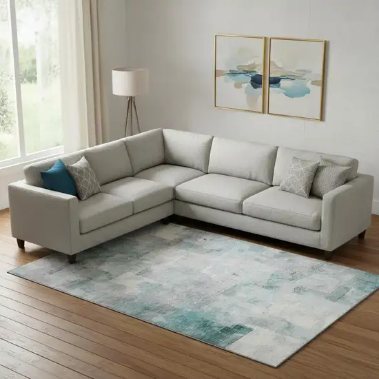 Teal Gray And Silver Abstract Washable Area Rug With UV Protection Photo 2