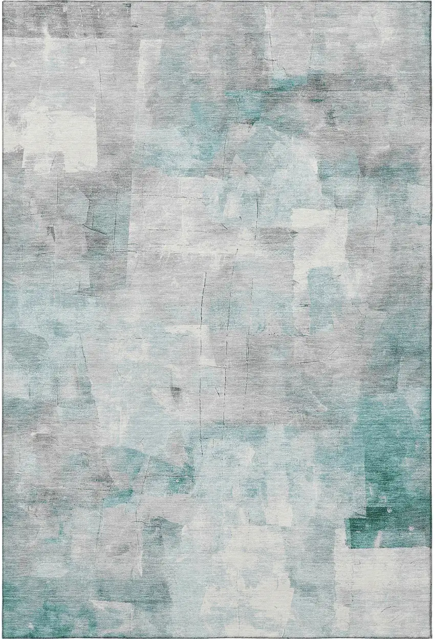 Teal Gray And Silver Abstract Washable Area Rug With UV Protection Photo 3