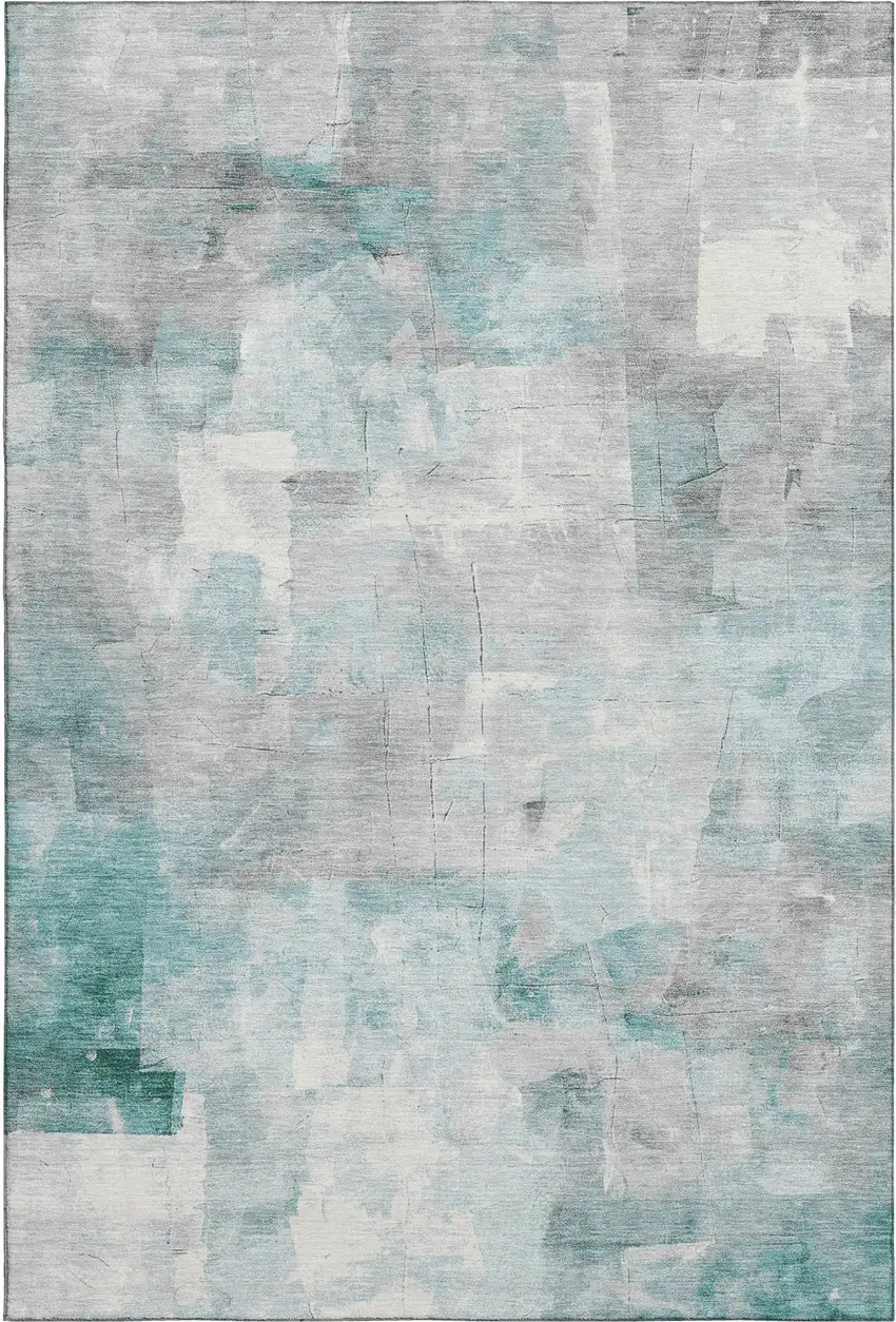 Teal Gray And Silver Abstract Washable Area Rug With UV Protection Photo 1