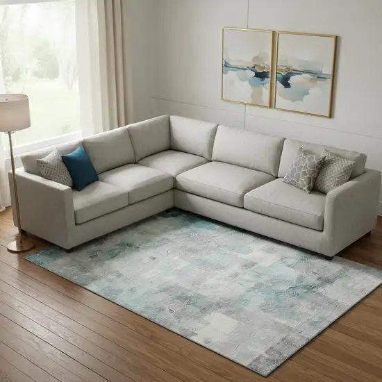 Teal Gray And Silver Abstract Washable Area Rug With UV Protection Photo 2