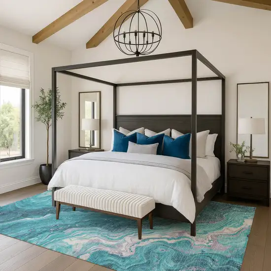 Teal Gray And Silver Abstract Washable Area Rug With UV Protection Photo 3