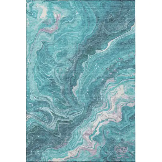 Teal Gray And Silver Abstract Washable Area Rug With UV Protection Photo 2
