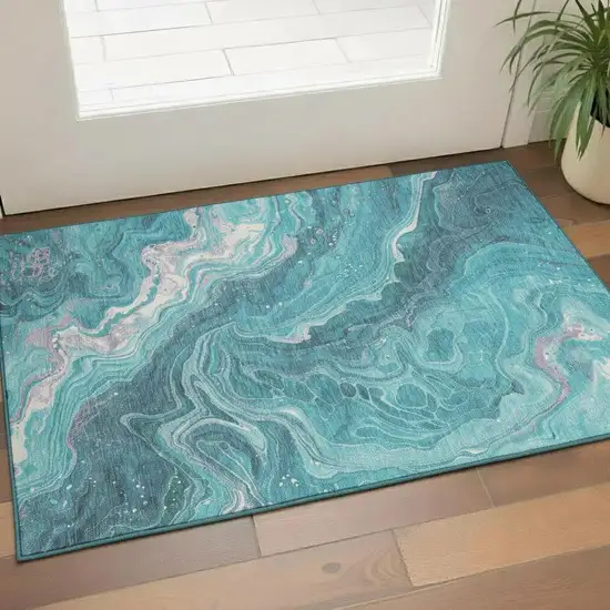 Teal Gray And Silver Abstract Washable Area Rug With UV Protection Photo 2