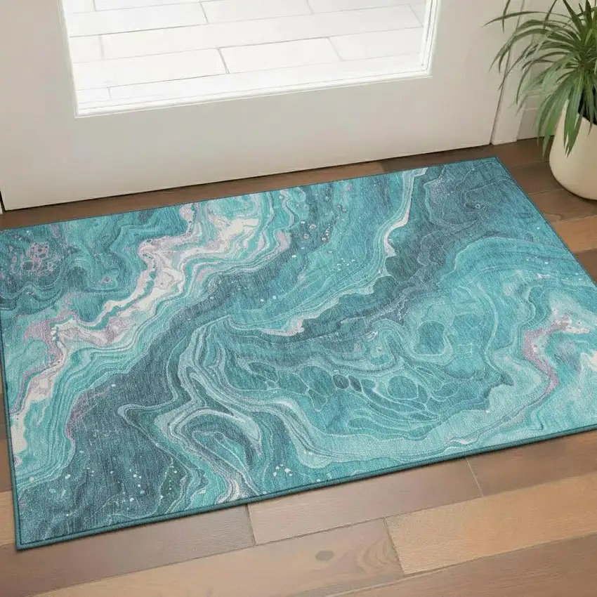 Teal Gray And Silver Abstract Washable Area Rug With UV Protection Photo 2