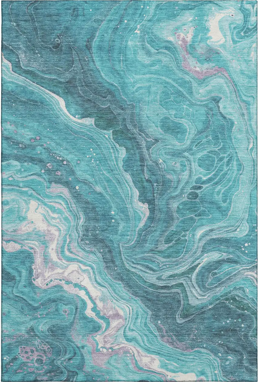 Teal Gray And Silver Abstract Washable Area Rug With UV Protection Photo 1