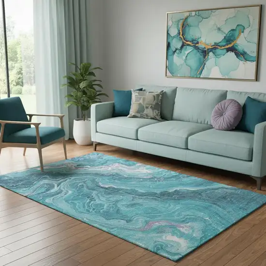 Teal Gray And Silver Abstract Washable Area Rug With UV Protection Photo 2