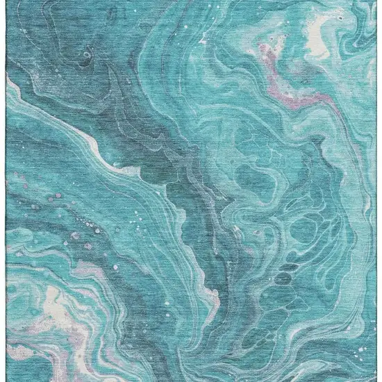Teal Gray And Silver Abstract Washable Area Rug With UV Protection Photo 3