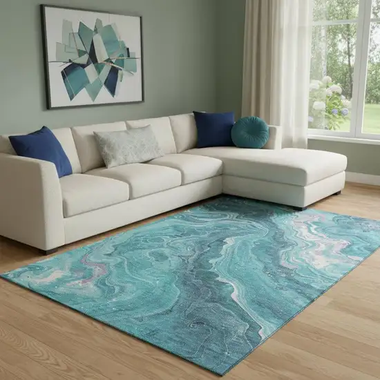 Teal Gray And Silver Abstract Washable Area Rug With UV Protection Photo 2