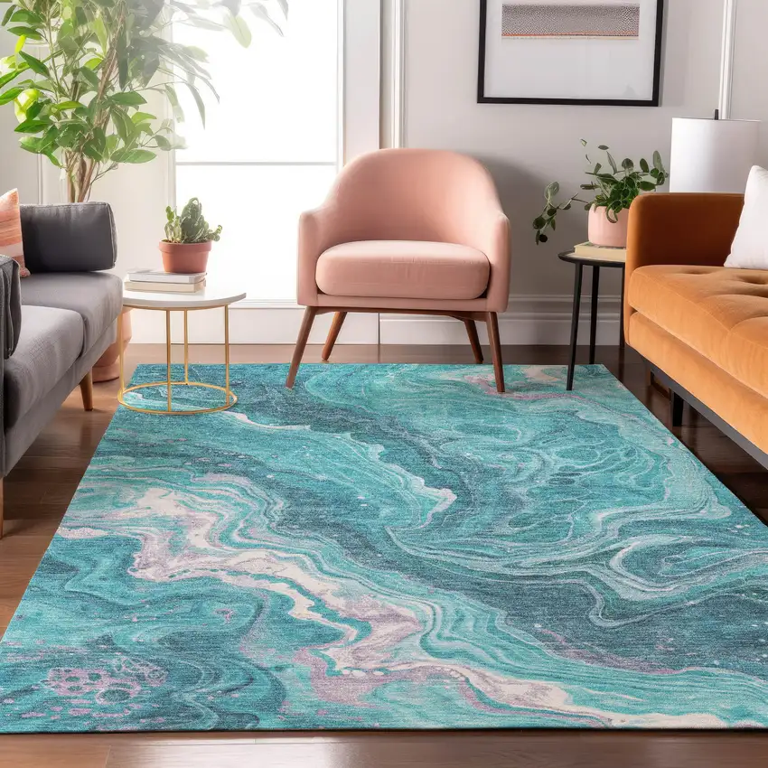 Teal Gray And Silver Abstract Washable Area Rug With UV Protection Photo 5