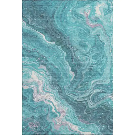 Teal Gray And Silver Abstract Washable Area Rug With UV Protection Photo 1