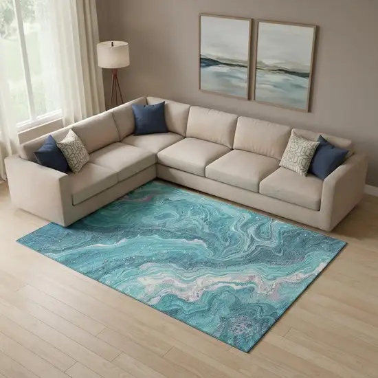 Teal Gray And Silver Abstract Washable Area Rug With UV Protection Photo 2