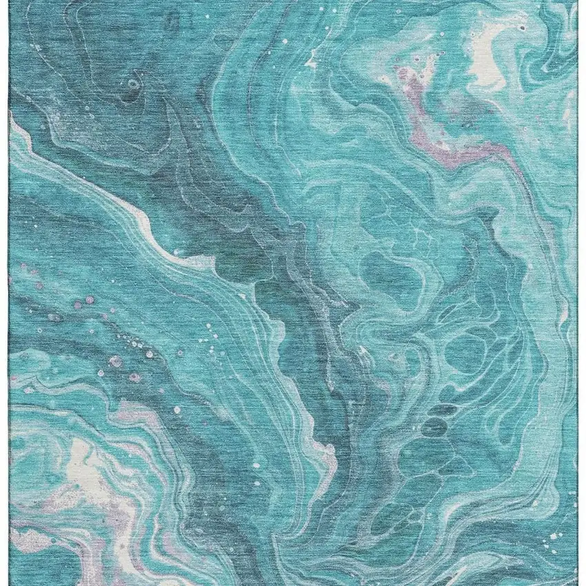 Teal Gray And Silver Abstract Washable Area Rug With UV Protection Photo 3