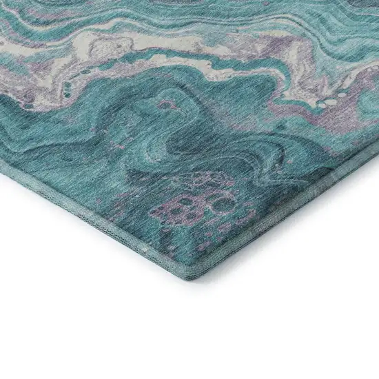 Teal Gray And Silver Abstract Washable Area Rug With UV Protection Photo 6