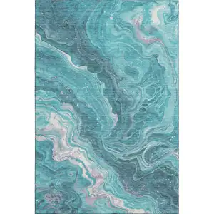 Photo of Teal Gray And Silver Abstract Washable Area Rug With UV Protection