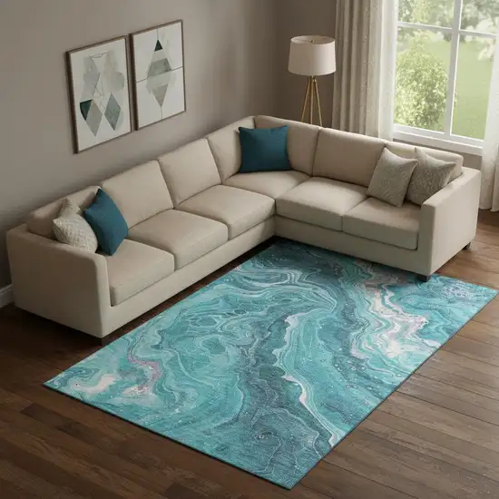 Teal Gray And Silver Abstract Washable Area Rug With UV Protection Photo 2